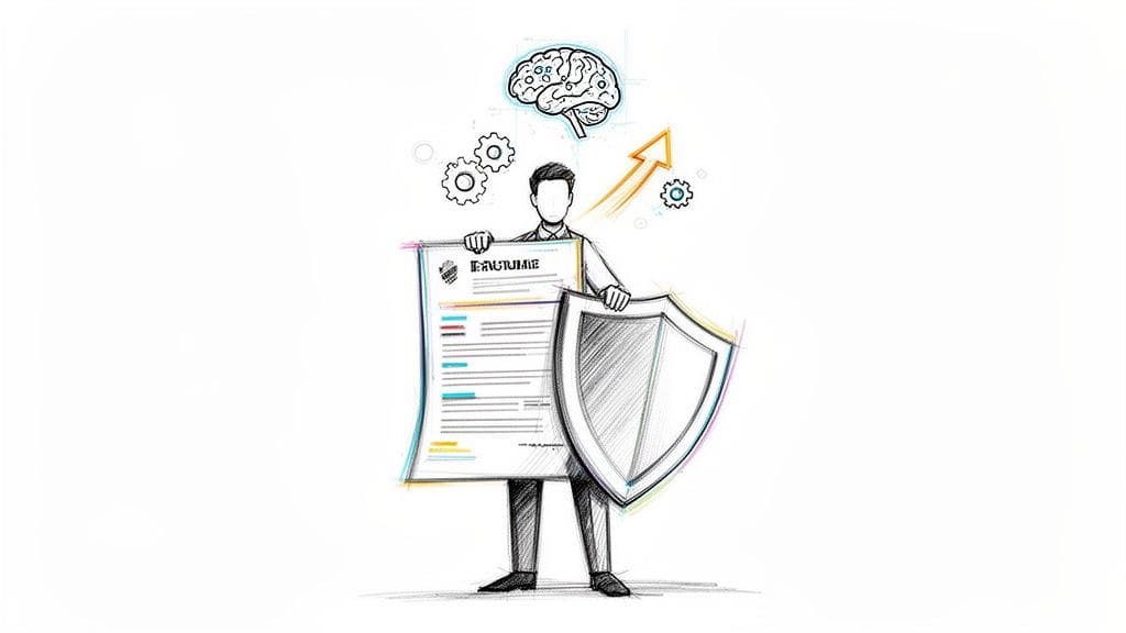 Person holding large resume and shield with brain and arrow above