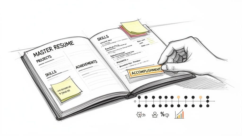 Hand editing Master Resume book highlighting skills and accomplishments