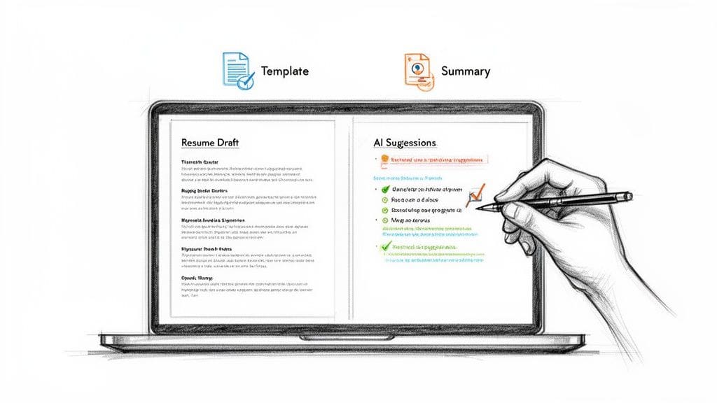 Hand reviewing AI resume suggestions on laptop screen with pen