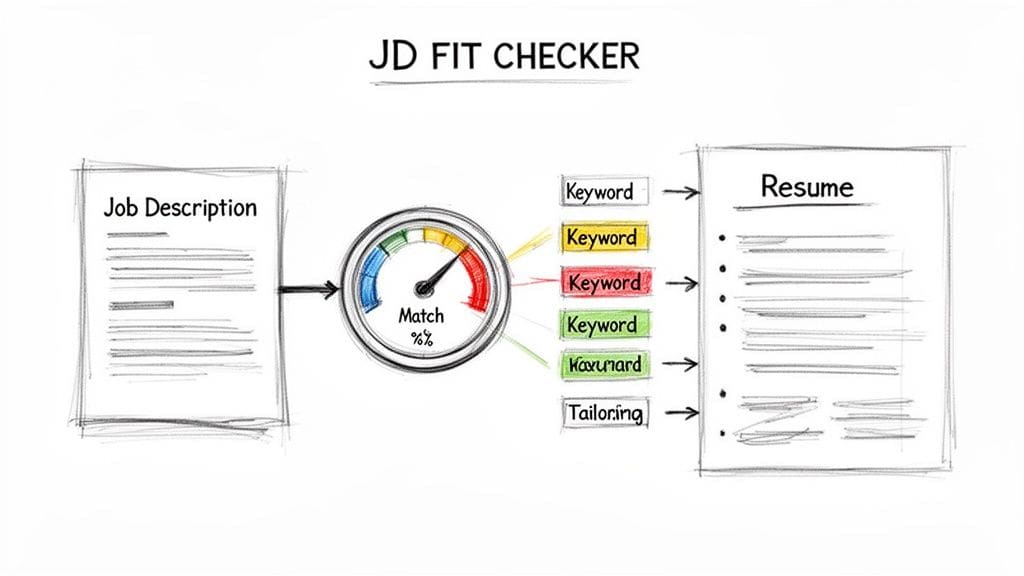 JD Fit Checker diagram matching Job Description to Resume highlighting keywords and tailoring for fit