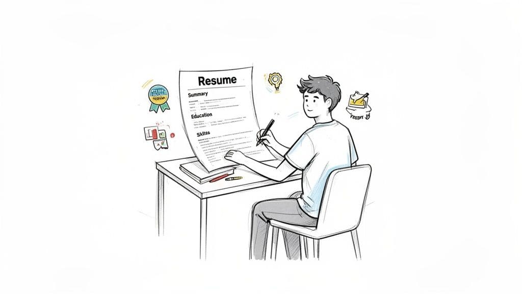 Young person writing resume at desk with career-related icons