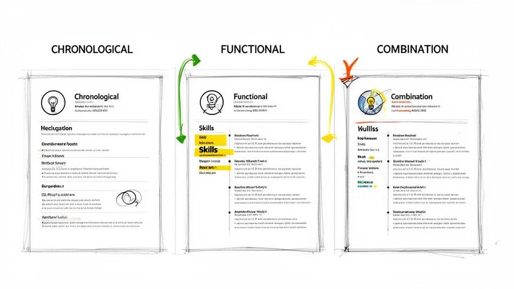 Visual guide illustrating three different resume formats: chronological, functional, and combination with examples