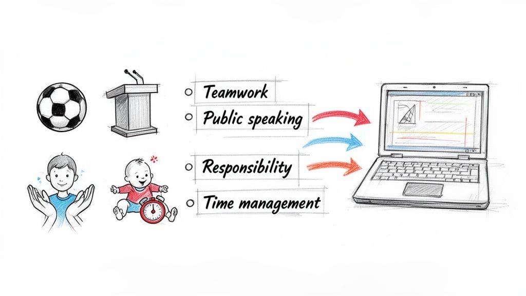 Soft skills like teamwork, public speaking, responsibility, and time management leading to work on laptop