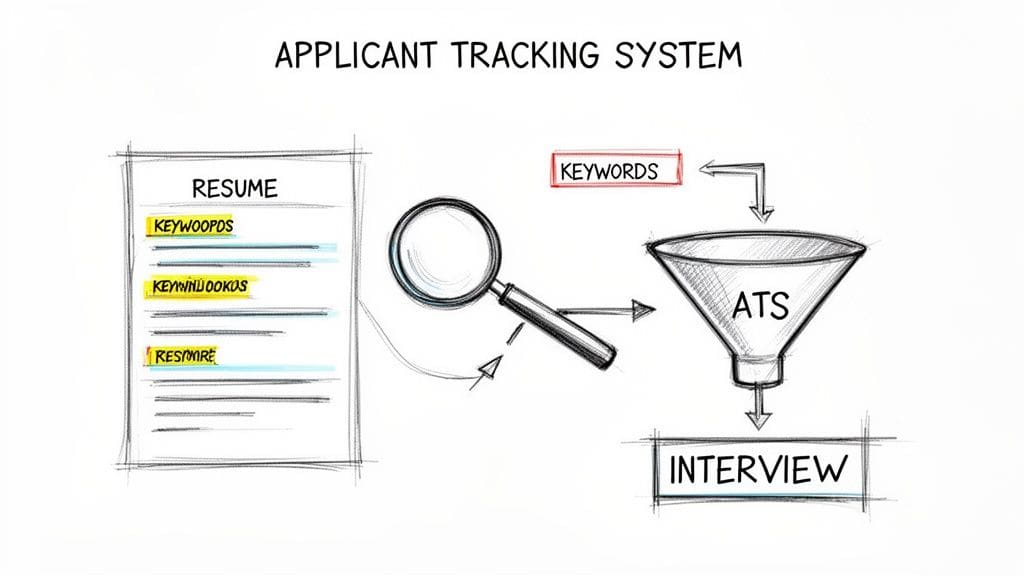 Diagram illustrating Applicant Tracking System processing resumes using keywords for interviews