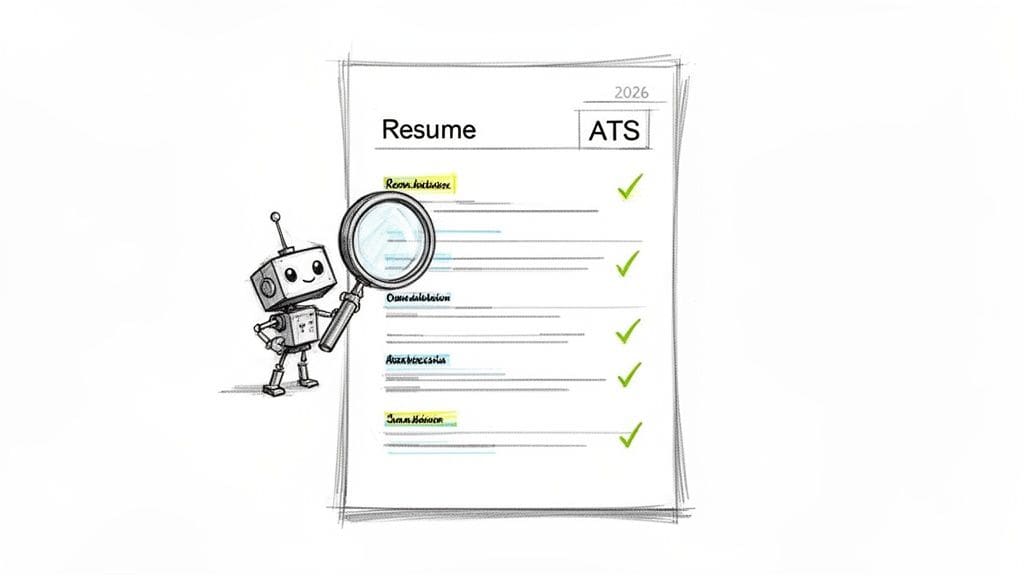 Cartoon robot with magnifying glass reviews ATS-optimized resume showing green checkmarks for compliance