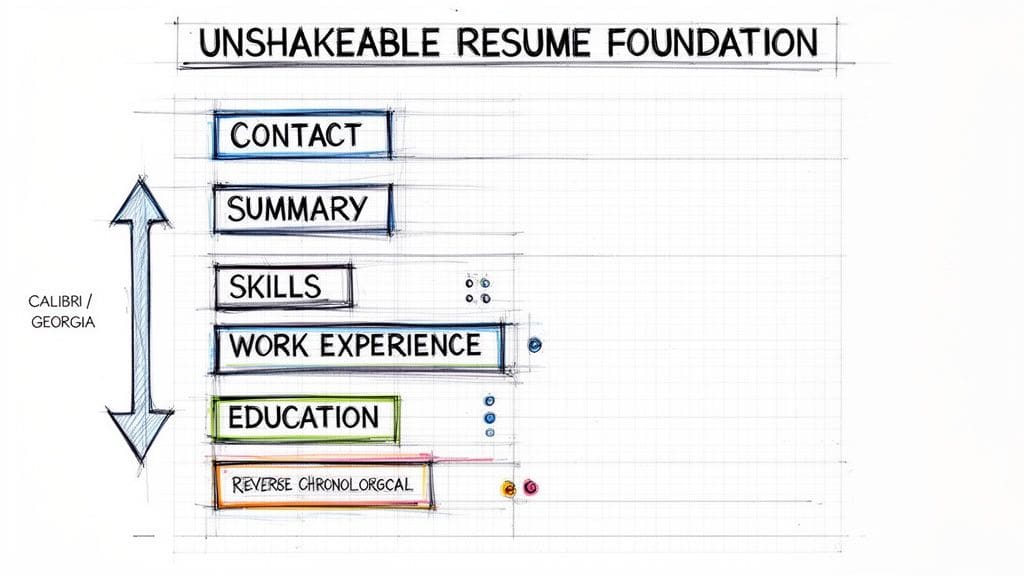 Hand-drawn diagram outlining unshakable foundation of resume listing essential sections and fonts