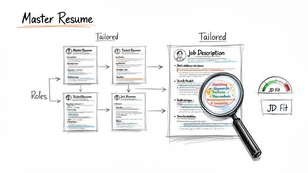 Diagram illustrating tailoring master resume for different job roles matching against job descriptions and evaluating keyword fit and JD Fit score