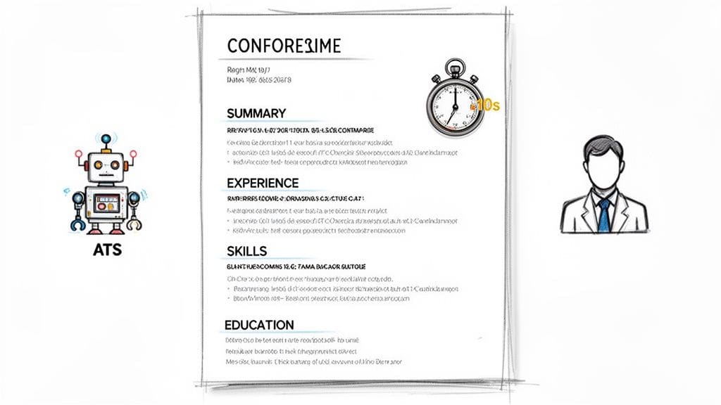 Resume being processed by ATS robot, reviewed in 10 seconds, and evaluated by human recruiter