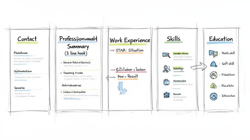 Hand-drawn infographic showing resume layout with contact, summary, work experience, skills, and education sections