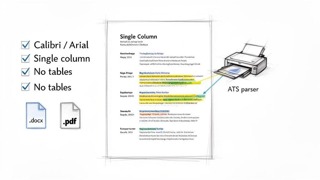 Diagram showing how ATS parser processes a resume with optimal formatting rules highlighted