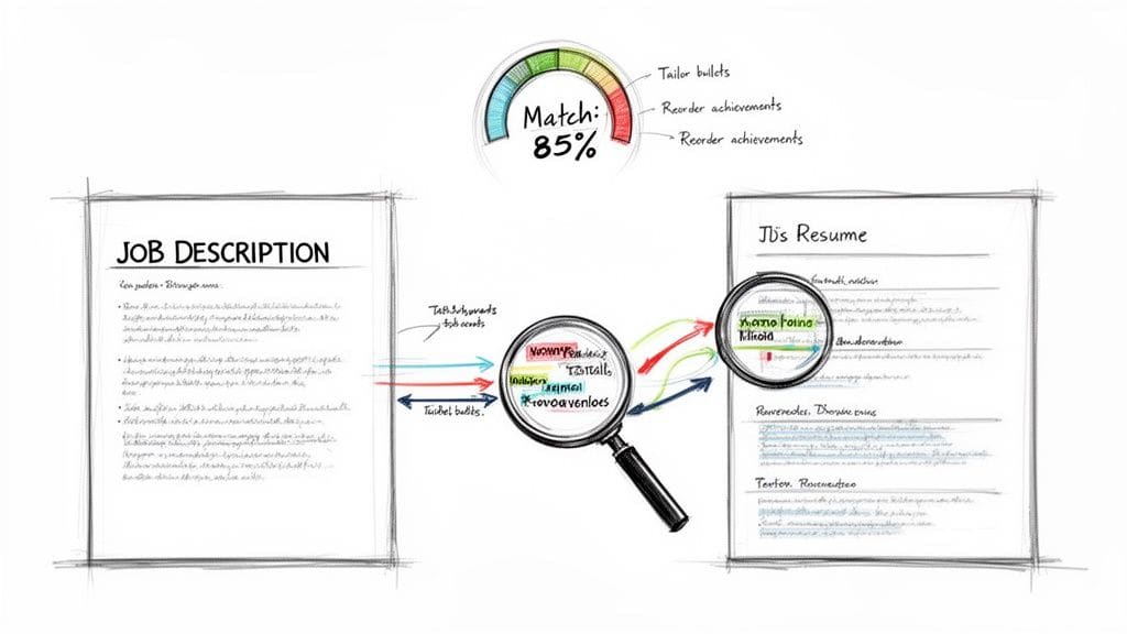 Illustration comparing job description to resume showing 85% match with tips for improvement
