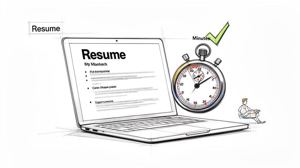 Sketch of laptop displaying resume alongside stopwatch and green checkmark symbolizing quick and easy resume creation