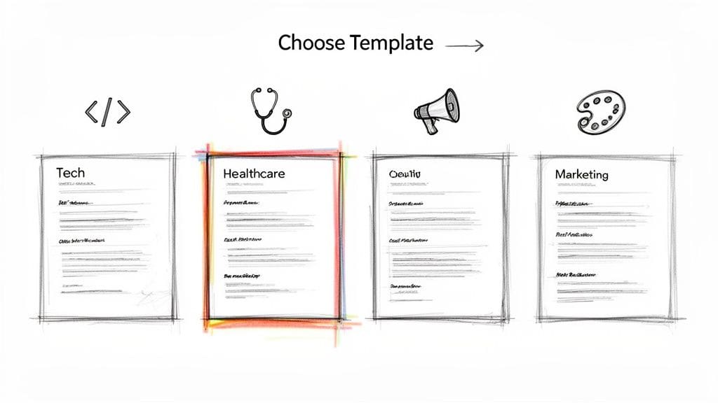 Choose Template screen with options for Tech, Healthcare selected, Design, and Marketing