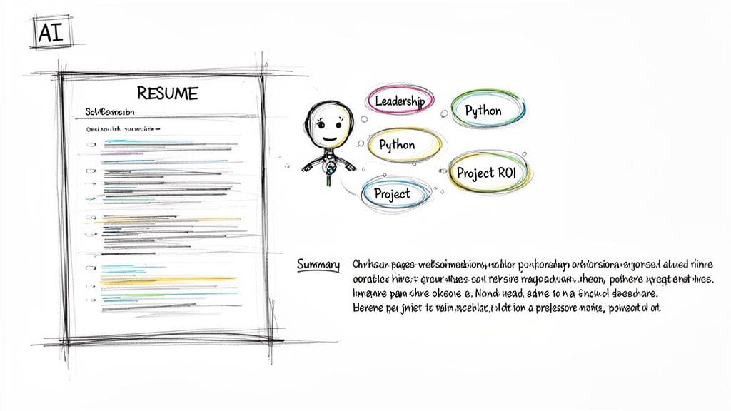 Hand-drawn sketch showing AI character, resume document, and skill bubbles including Leadership, Python, and Project ROI