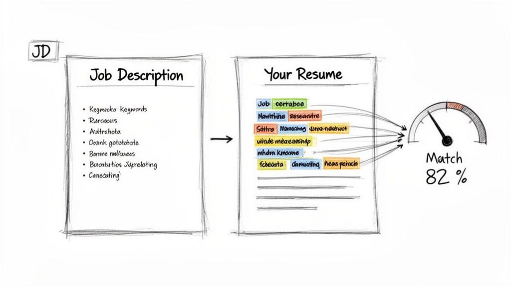Resume builder visually matches job description keywords to resume showing 82% compatibility