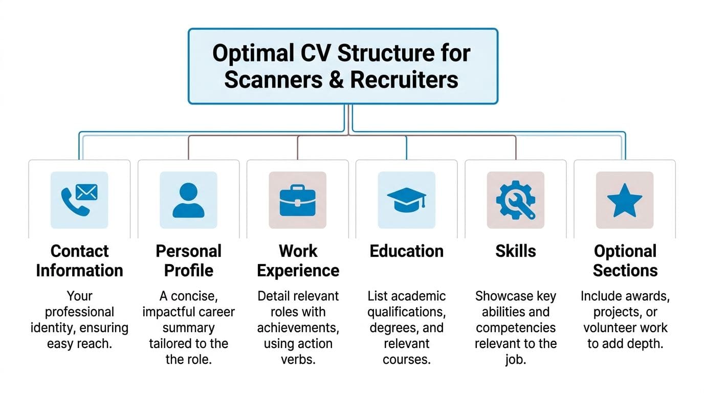CV structure infographic showing proper section order and layout for UK job applications