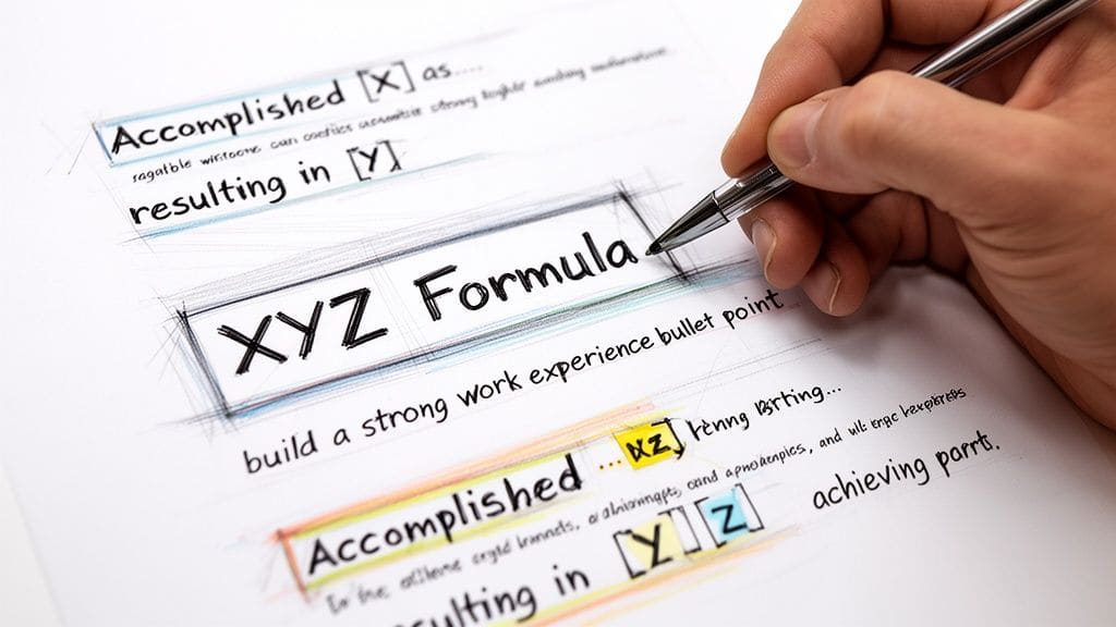 Hand writing the XYZ Formula on paper demonstrating how to build strong work experience bullet points