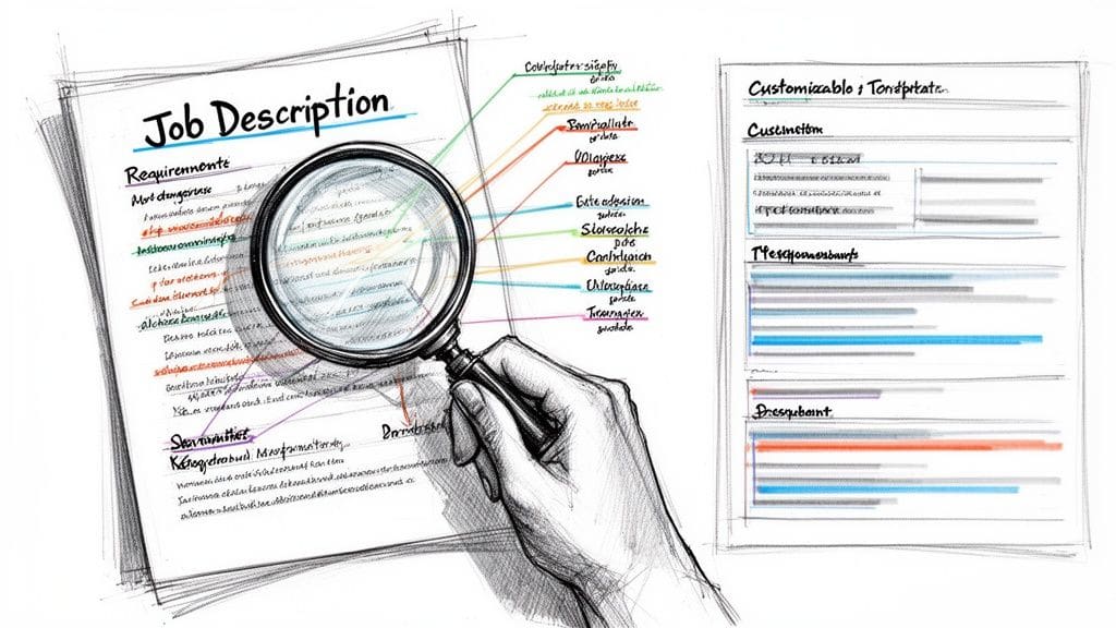 Hand holding magnifying glass over job description document with annotations and markings