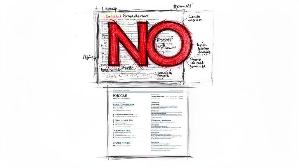 Visual comparison showing messy rejected resume draft marked NO next to clean professional CV