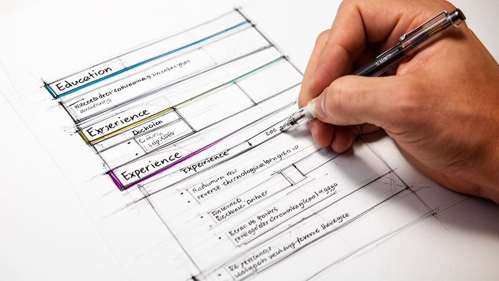Hand drawing a professional resume layout on white paper with a black ink pen