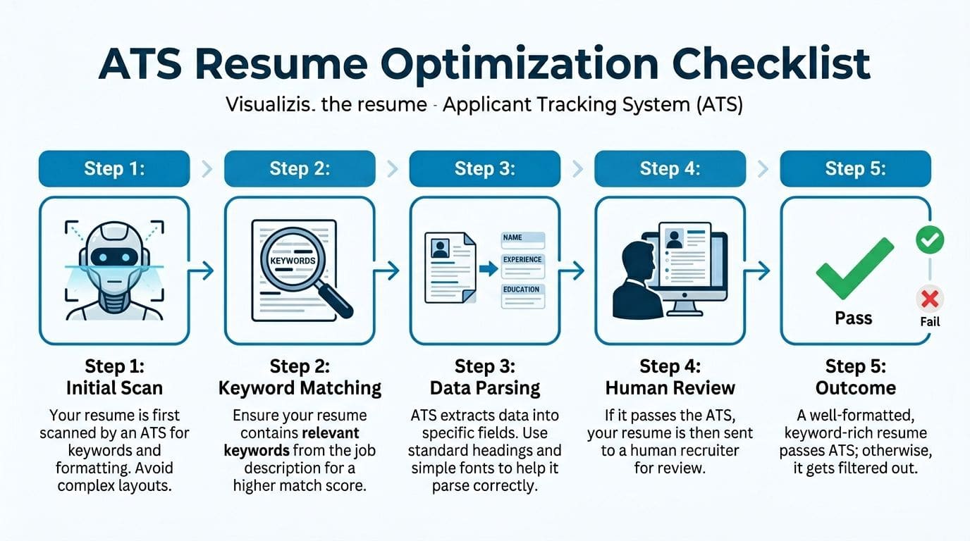 ATS optimization infographic showing how resume scanners read headings, formatting, and keywords