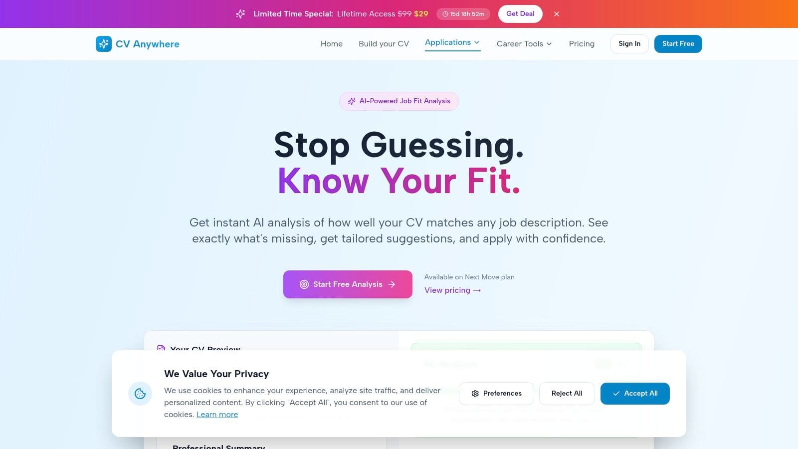 Resume analysis screenshot showing CV match and job-description comparison workflow