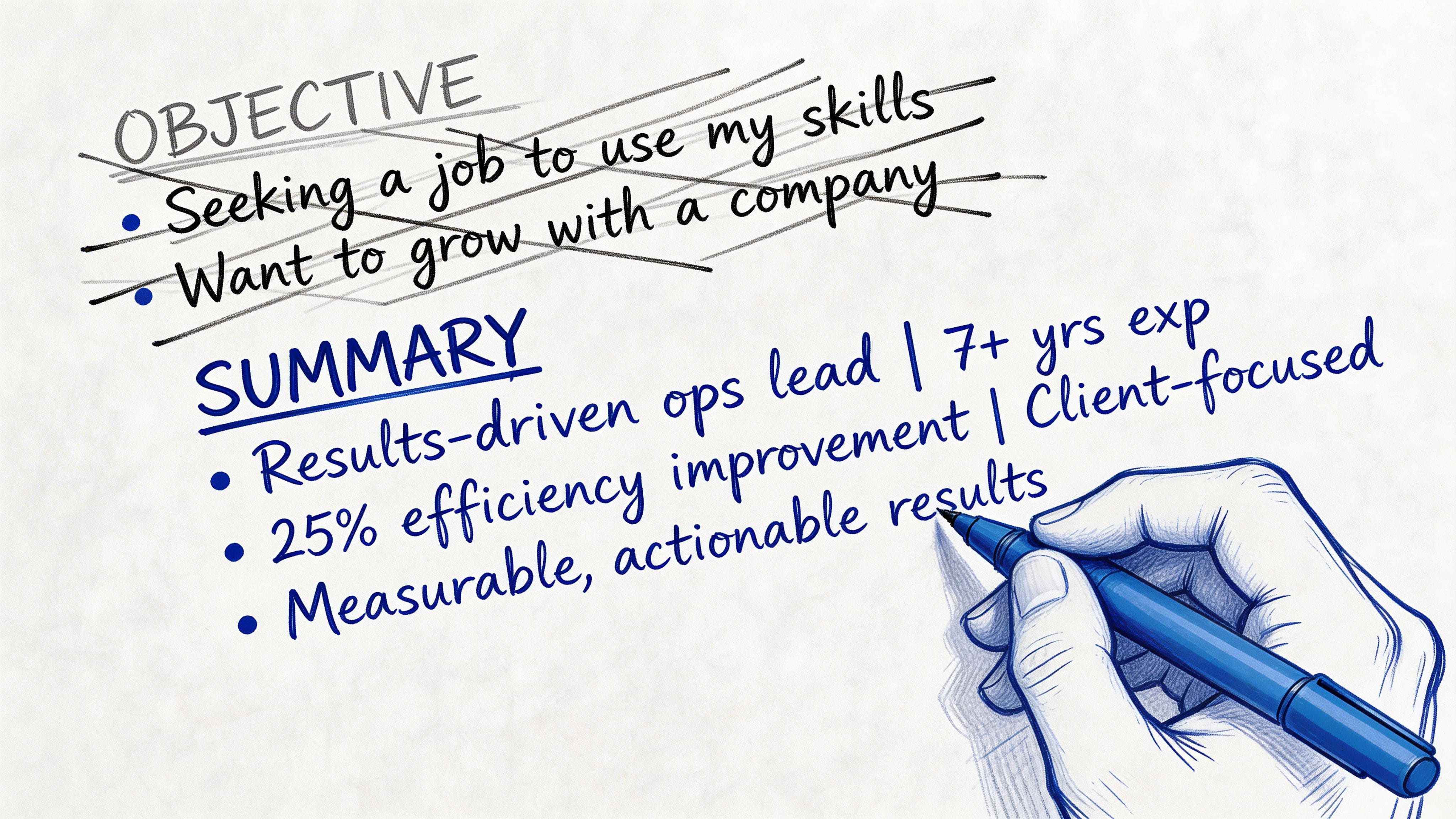 Hand writing a professional resume summary while crossing out a weak objective statement