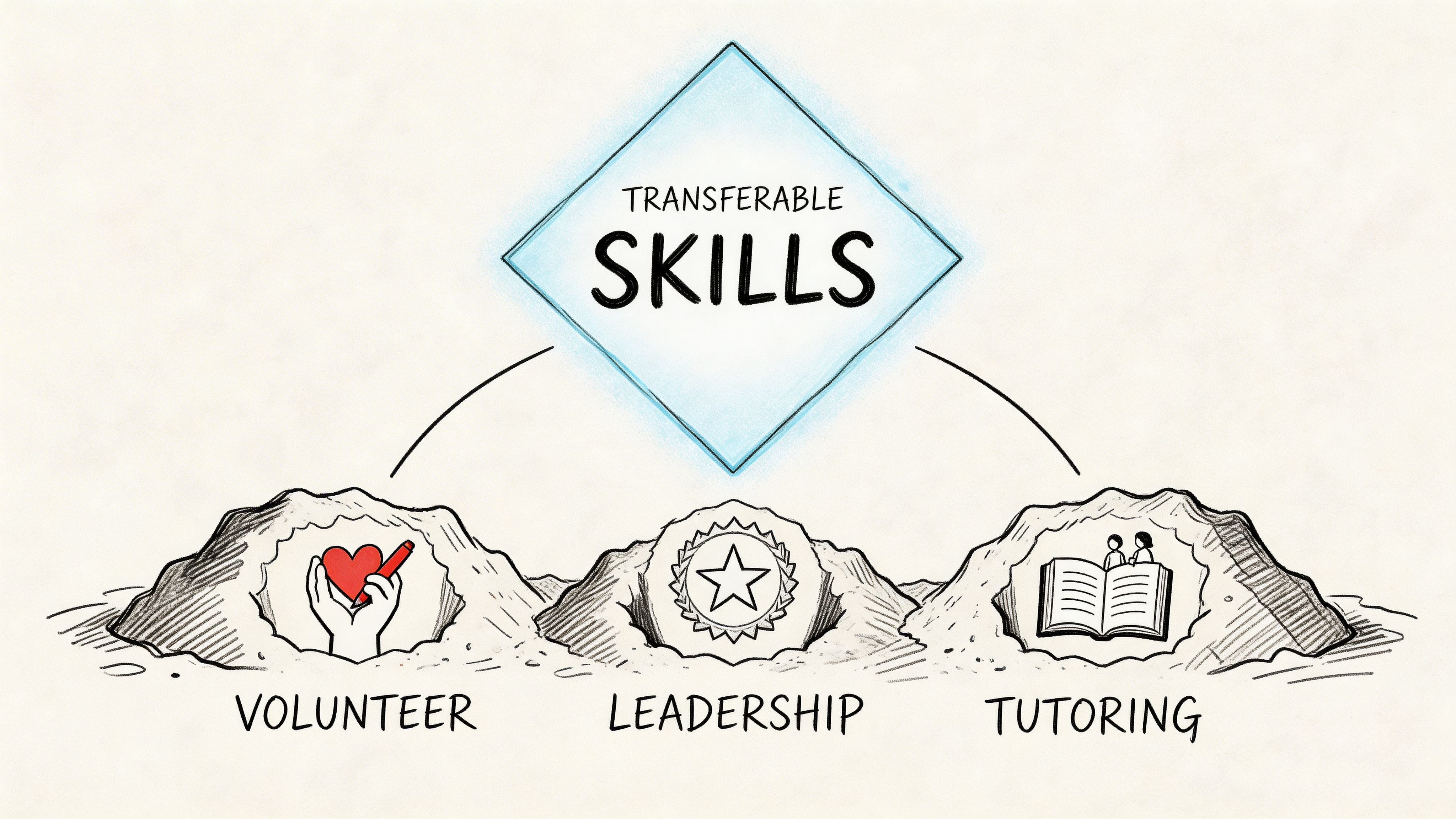 Illustration showing transferable skills from volunteer work, leadership roles, and tutoring experience for entry-level resumes