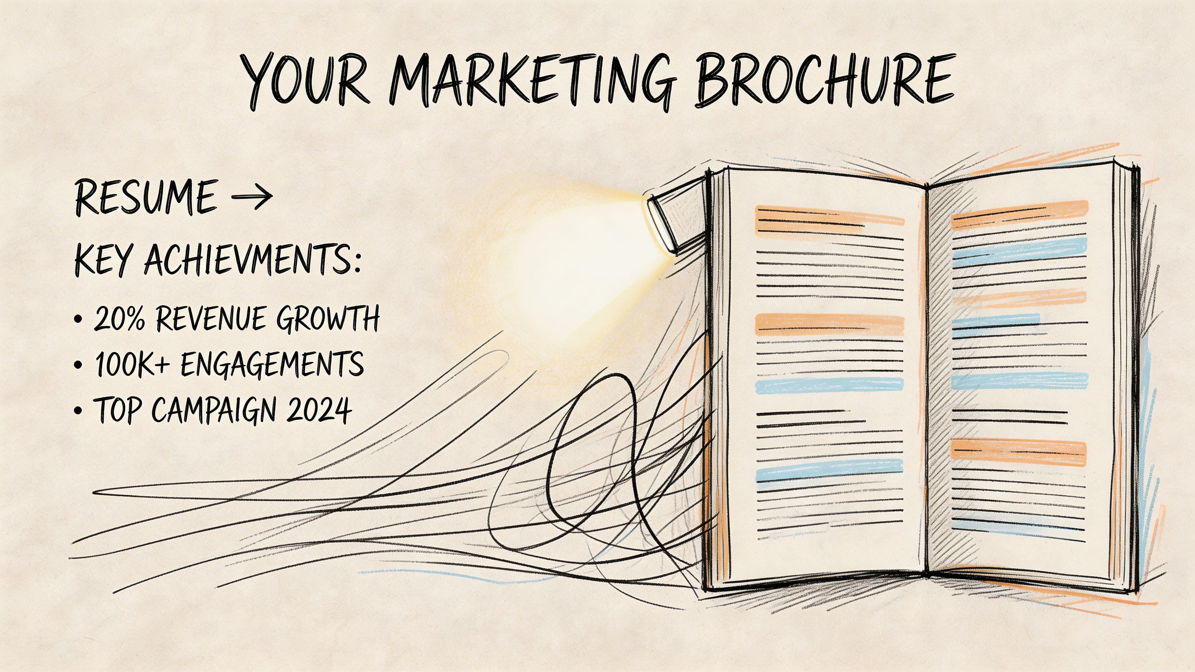 Marketing brochure style illustration highlighting resume achievements like revenue growth and campaign success metrics