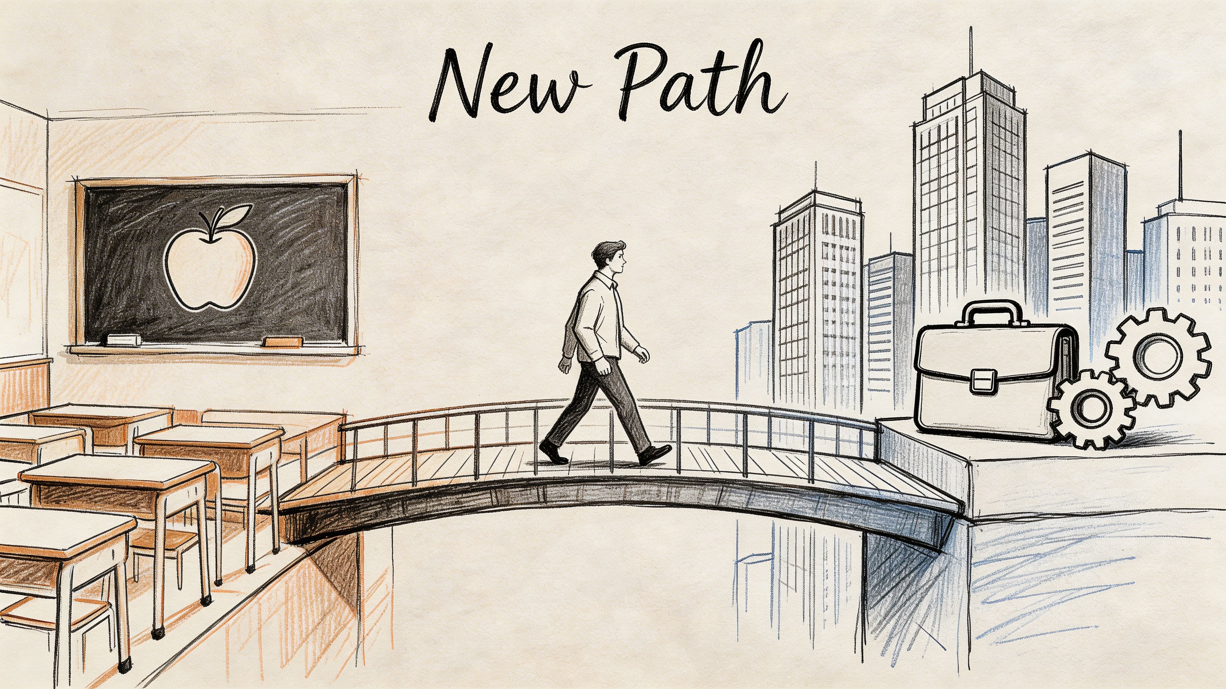 Concept drawing of a man walking across a bridge from a classroom into a city career transition