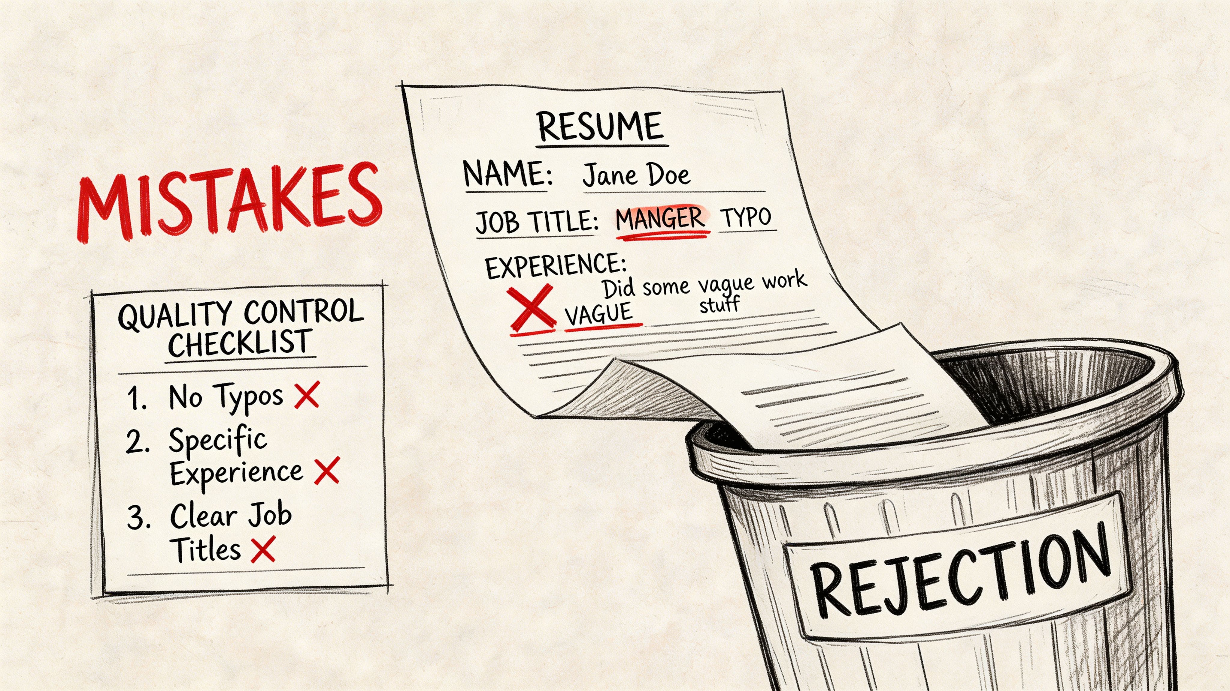 Resume with mistakes being thrown into a rejection bin to illustrate common resume errors