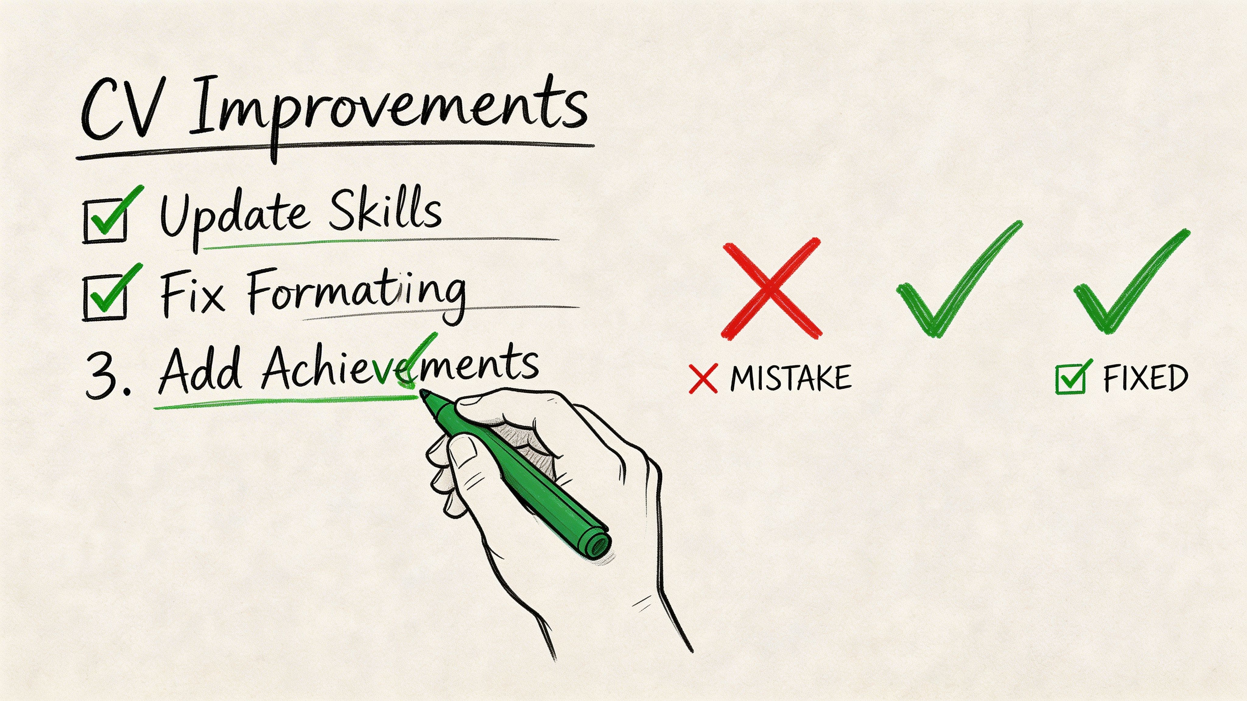 Hand holding green marker checking off improvements on a professional UK CV document