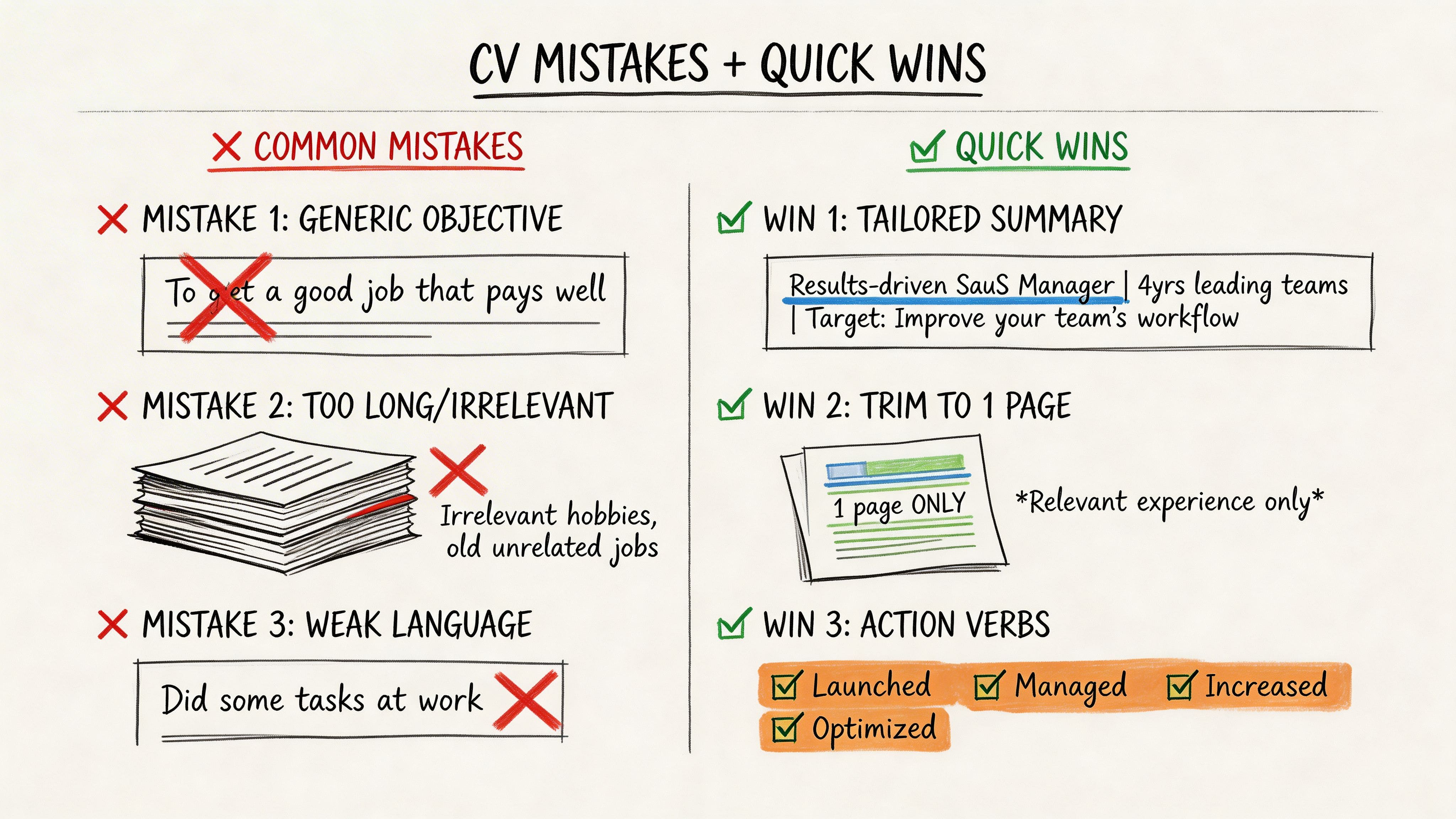 Diagram comparing three common CV mistakes with three quick-win improvements for UK CV optimisation