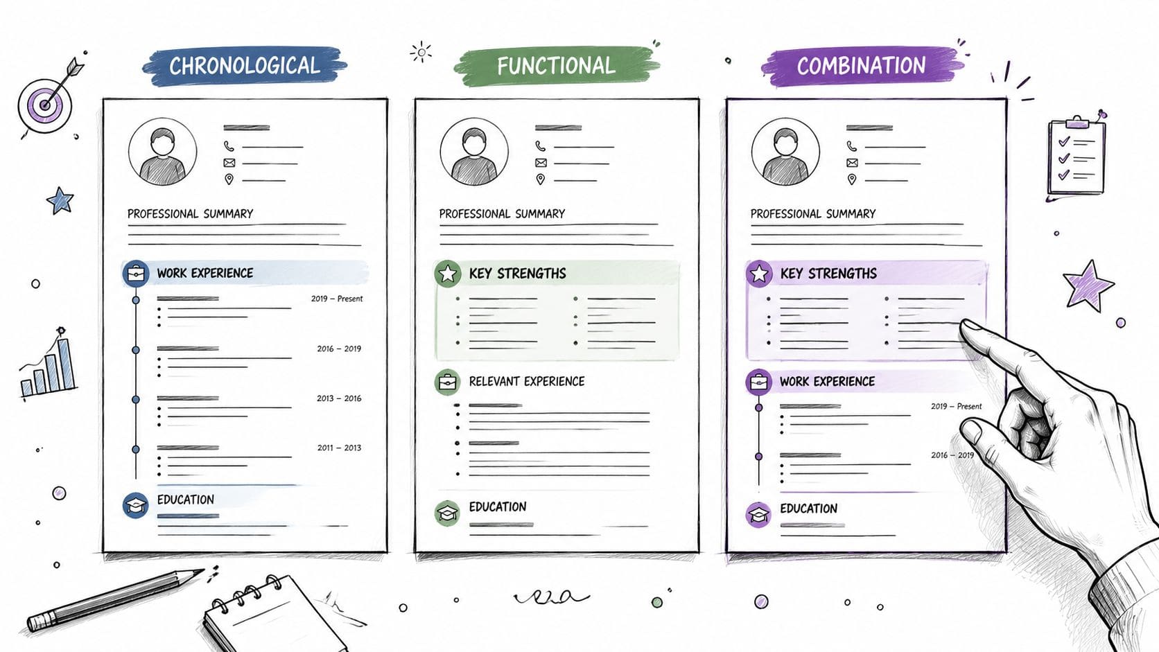 Diagram comparing chronological functional and combination resume formats for choosing the best layout