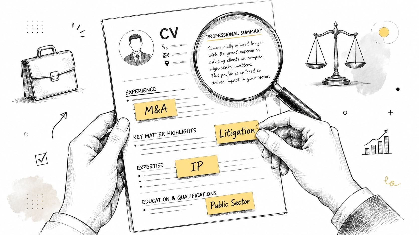 Lawyer highlighting practice areas keywords and tailoring a professional legal CV on paper