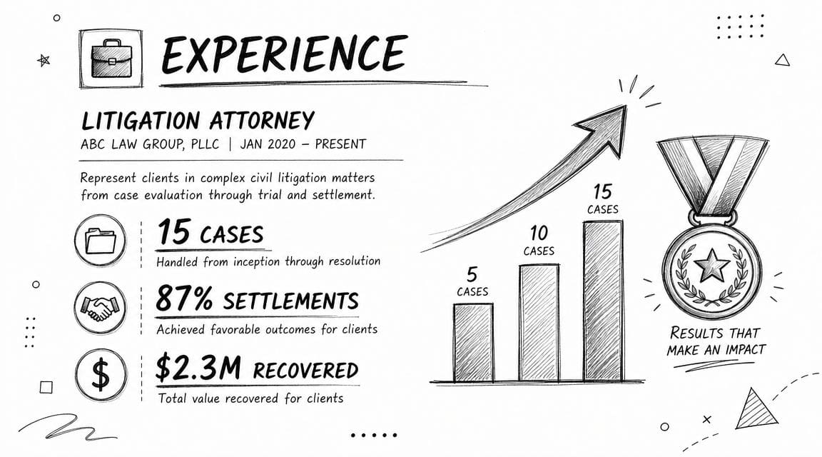 Litigation solicitor CV infographic style graphic with settlement rate case volume and headline stats callouts