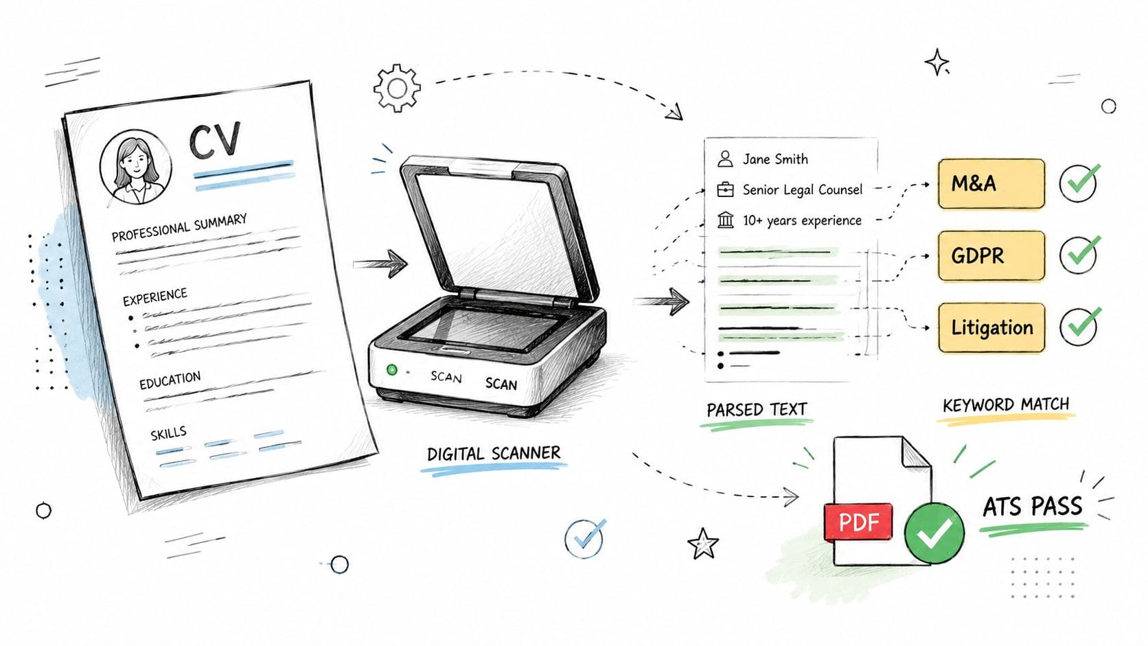 ATS software scanning a legal CV extracting keywords for applicant tracking and recruiter matching