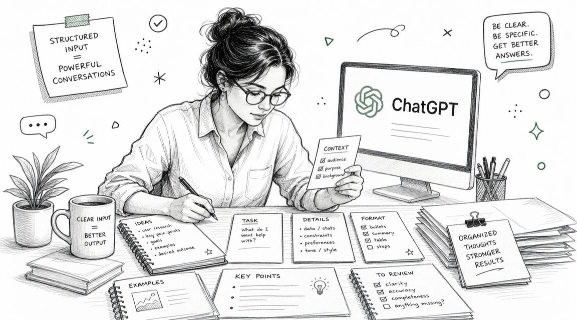 Woman sketching a structured ChatGPT prompt workflow desk notes for resume drafting UK CV