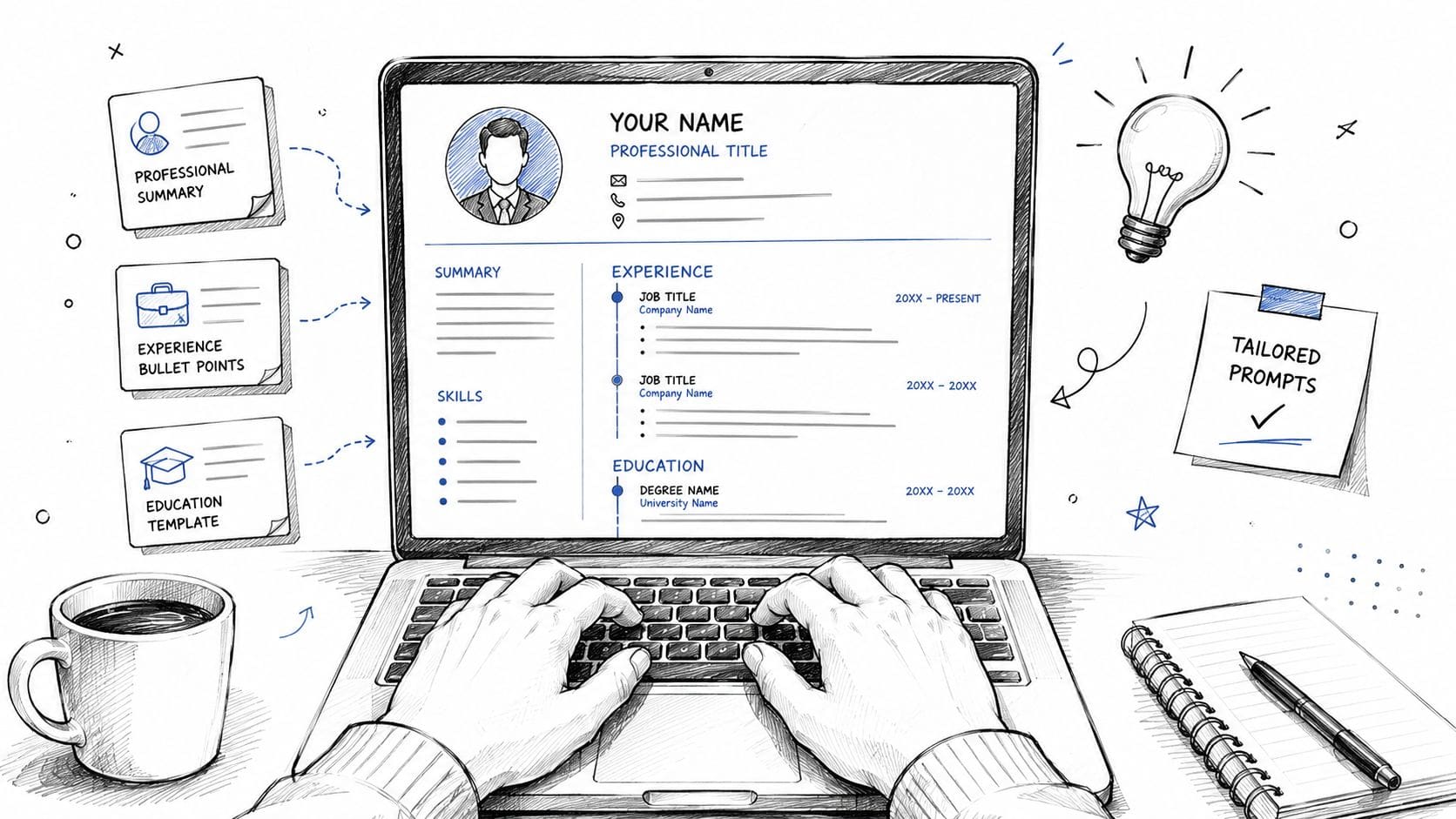 Hand-drawn person typing ChatGPT prompts on laptop with resume builder template outline on screen