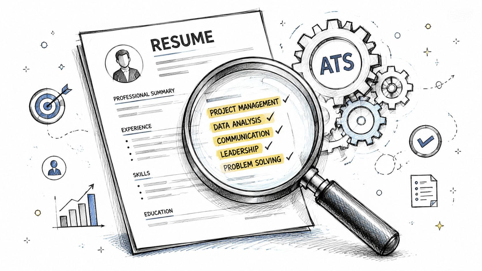 Magnifying glass over resume keywords with ATS gears background for ATS-friendly ChatGPT CV formatting