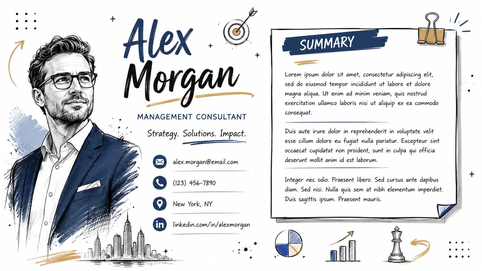 Management consultant resume template with professional header contact details and high impact summary section