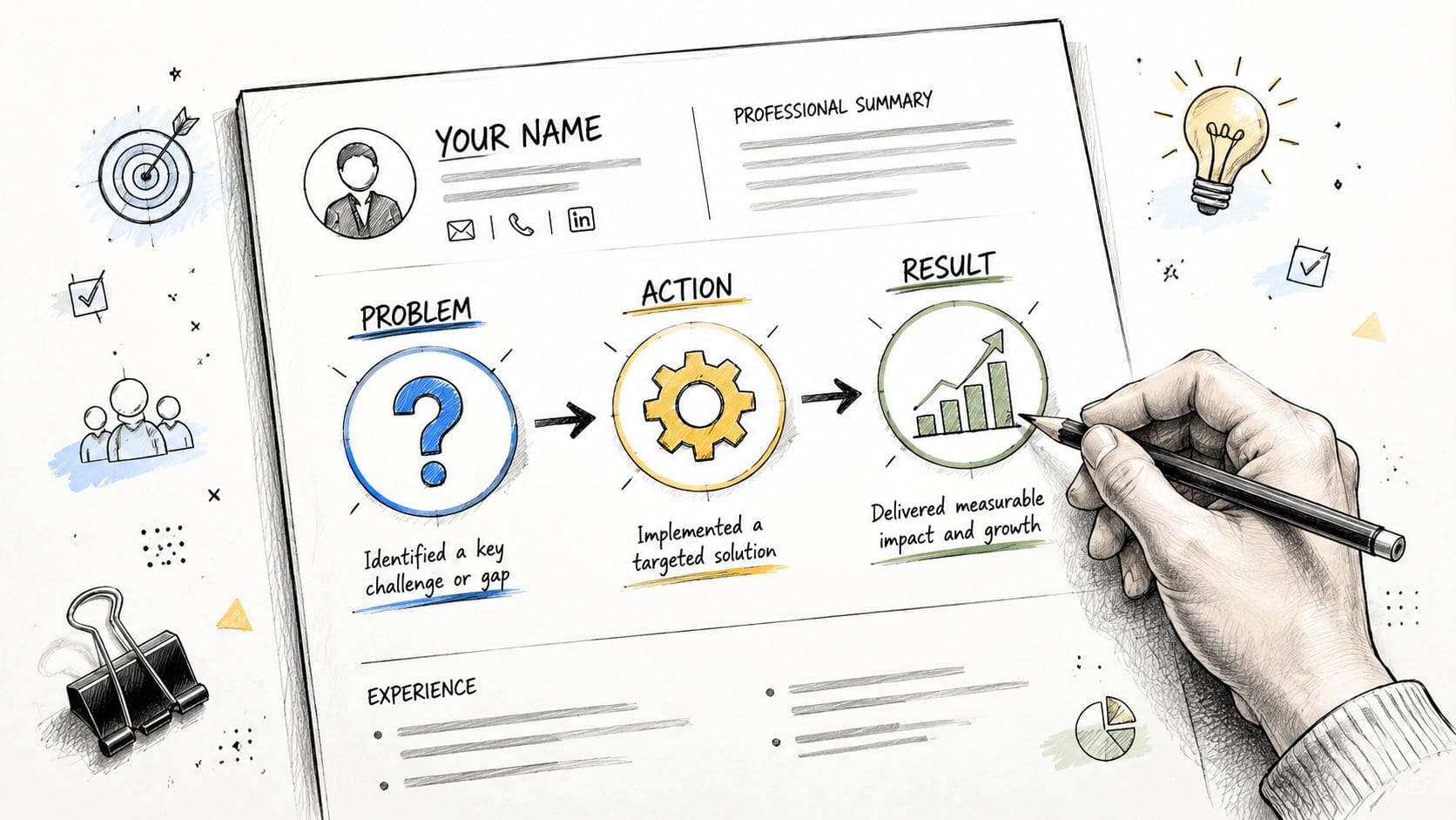 Hand-drawn resume sketch illustrating problem action result framework for consulting project bullets