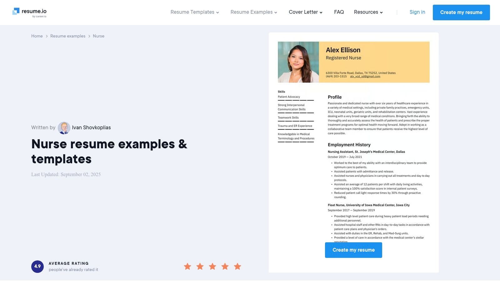 Novorésumé platform displaying clean, professional nursing resume templates