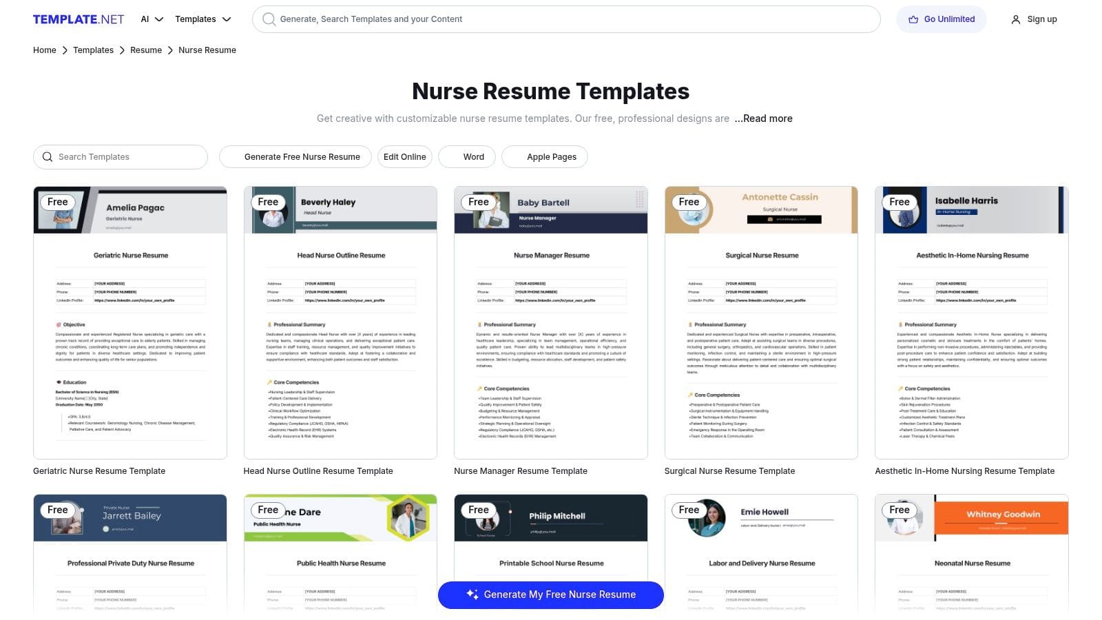 Resume.io interface showing specialty nursing templates and step-by-step builder