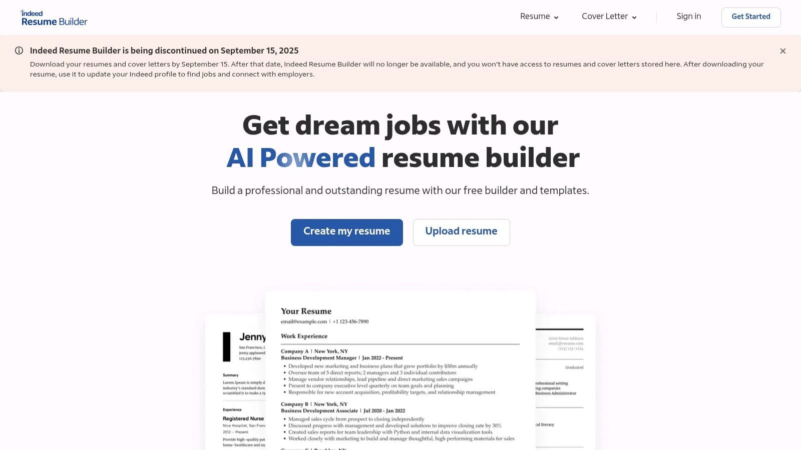 Indeed Resume Builder interface showing template selection and editing options