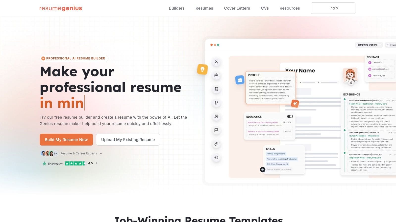 Resume.io interface showing AI-powered resume builder with professional templates