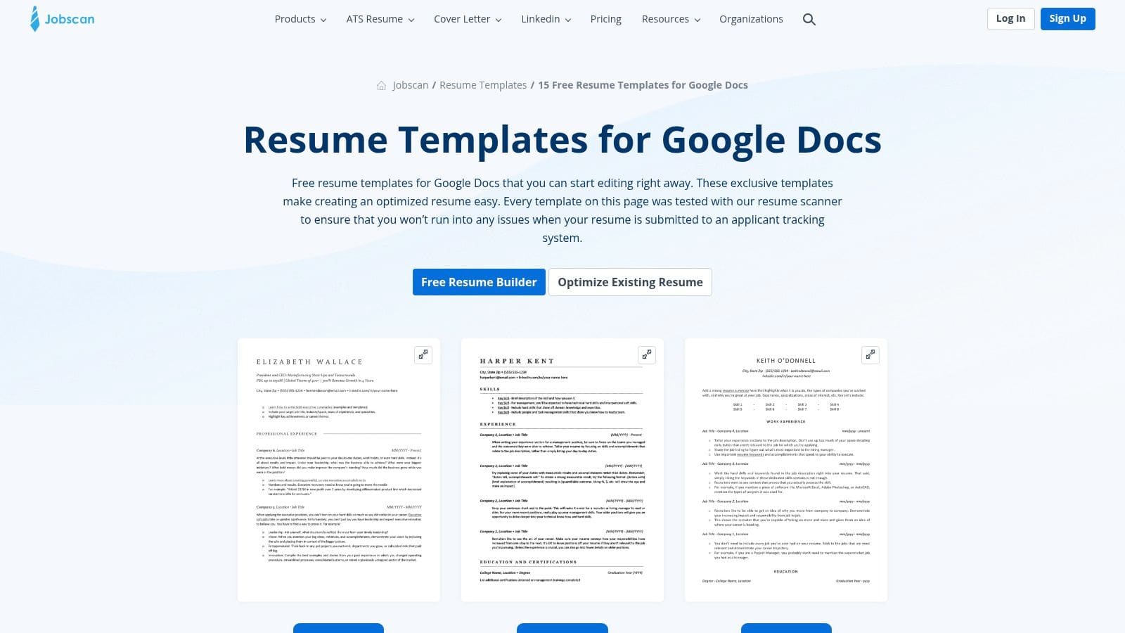 gdoc.io platform showing Google Workspace resume templates with instant one-click copy functionality and clean interface
