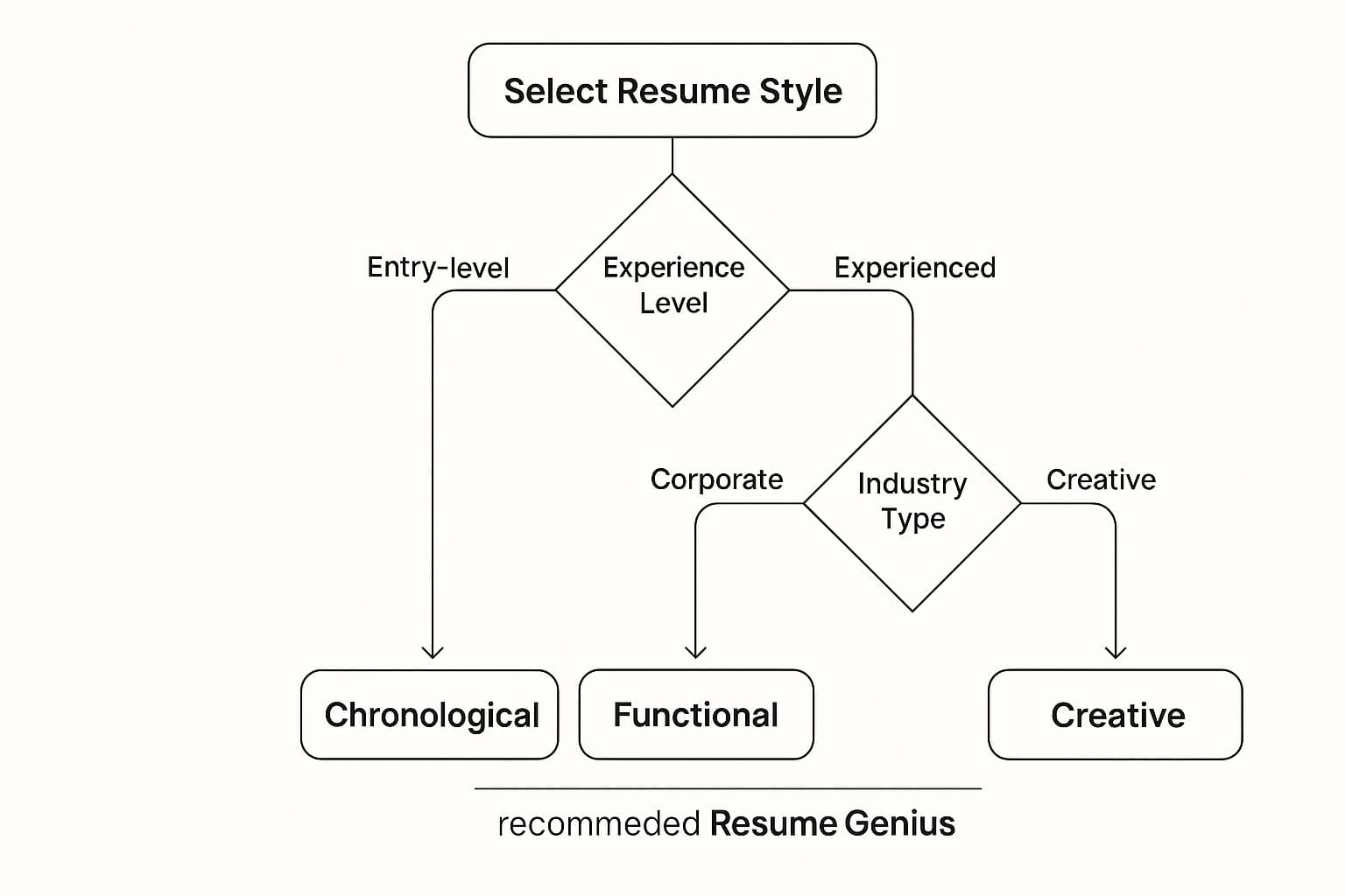 Resume Genius template selection guide showing different template styles for various experience levels and industries