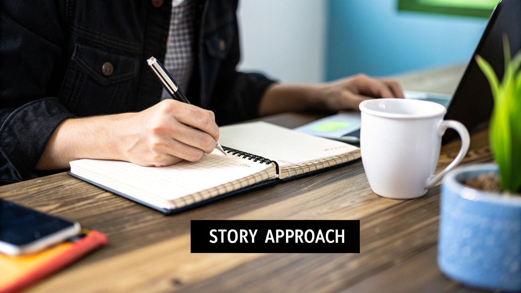A professional writing a story-based cover letter, with visual elements suggesting creativity, storytelling, and personal connection to their work
