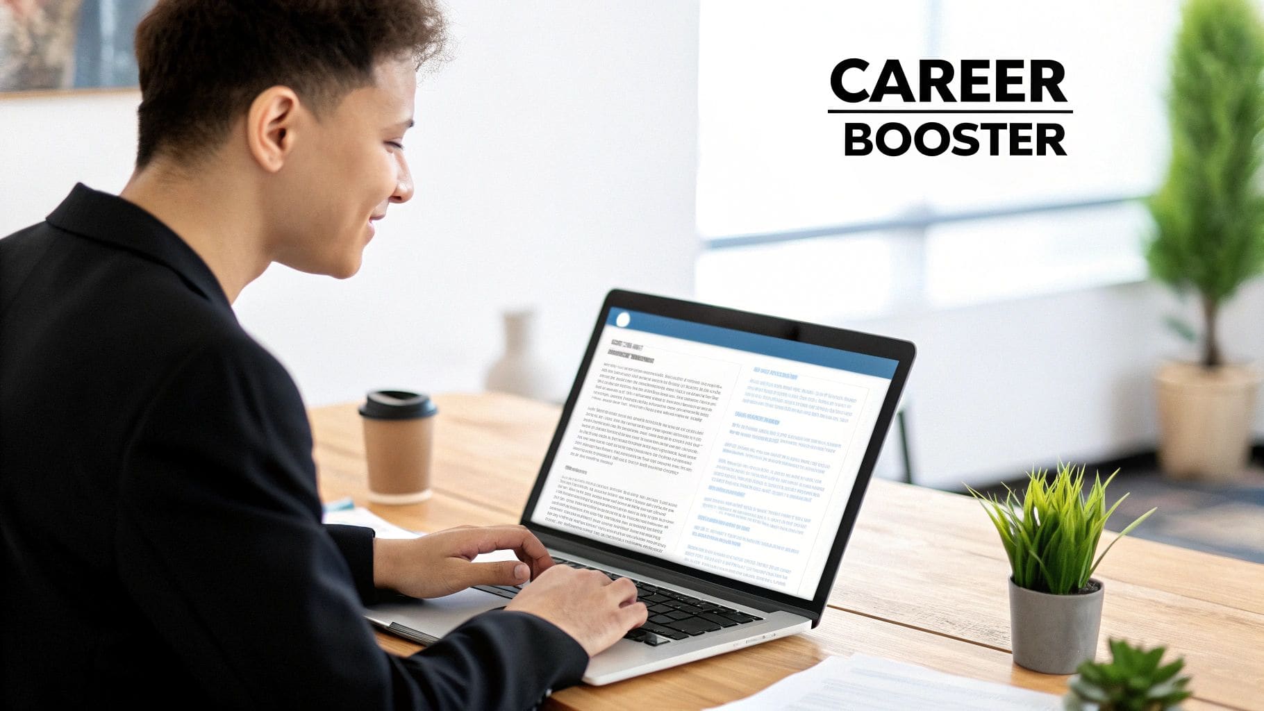 Professional resume being edited on laptop screen with AI-powered suggestions and recommendations appearing in real-time for job application optimization